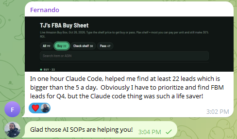 Fernando's message in the members Telegram group, under a buy sheet showing 22 Buy rows: In one hour Claude Code helped me find at least 22 leads